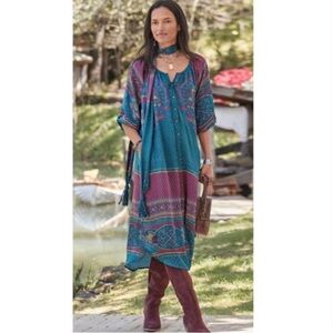 Sundance La Villette Luxe Boho Paisley Floral Tunic Midi Satin Shirt Dress